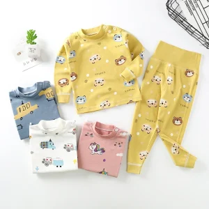 Children Cotton Long John Underwear Set for Boys Girls Spring Autumn Pajamas High-Waisted Belly-Protecting Animal Cartoon