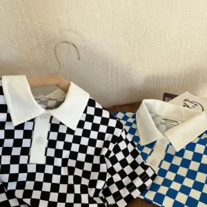 Children Cotton Polo Shirt Summer Checkerboard Shirt Baby Boys Short-Sleeved Plaid T-Shirts