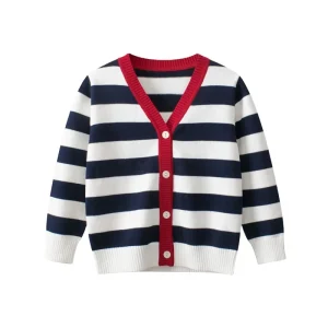 Children Crew Neck Stripe Cardigan 100% Cotton Knitting Baby Sweater for Boy
