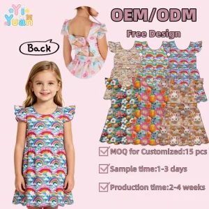 Children Flutter Sleeve Summer Twirl Ruffle Dress for Kids Girls 2 to 14 Years Old Custom Prints Baby Girl Dresses