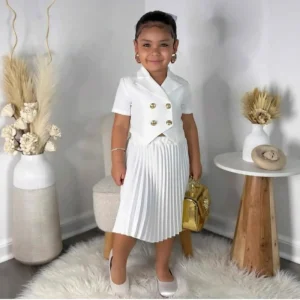 Children Girl Two Piece Set Short White Pink Red Black Button Shirt + Pleated Skirt Cute Outfit