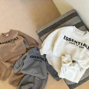 Children Hoodie Lettering Print Boys Suede Crewneck Sweatshirt Trousers Two Piece Set