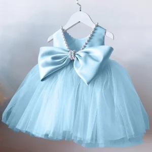Children Party Wear Formal Mini Flower Princess Dress Summer Big Bow Baby Girl Birthday 2Y White Fluffy Kid Prom Dress