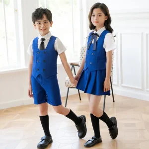 Children Primary School Uniform Boy Girl Navy Waistcoat Vest Tie Clothing Set