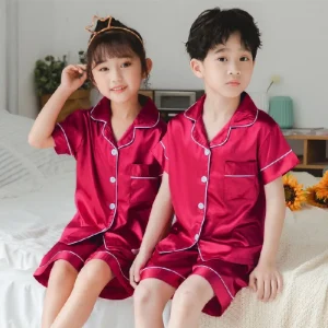 Children Summer Satin 2 Piece Matching Pajamas Set with Short Sleeve and Shorts Boys Girls Silk Home Clothing Pijamas De Bebé