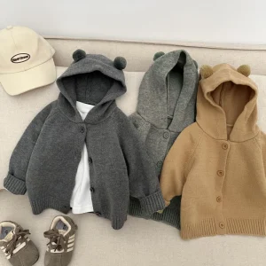 Children Sweater Coat Spring Korean Style Cute Hooded Acrylic Single-breasted Knitted Cardigan Boys Baby