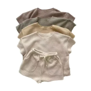 Children Tee Shirt Oversize Summer Waffle Knitted Soft Cotton Kids T Shirt Baby Clothing Sets Custom Logo