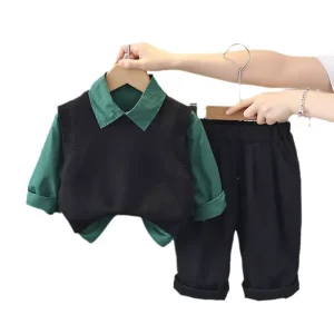 Children’s Autumn High Quality Solid Color Simple Style Vest Version Boy’s Handsome Casual Three piece Set