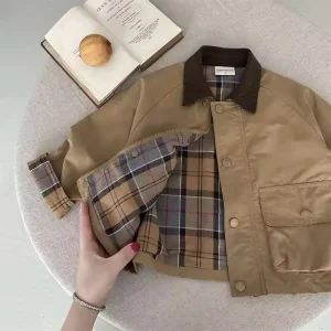 Children’s Autumn Jacket Boys Plaid Splicing Coat Baby Casual Windbreaker
