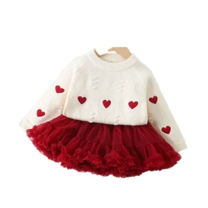 Children’s Autumn Winter Girls Clothing Sets Casual Warm Knitted Sweater Festive Heart Embroidery Solid Pattern Skirts Sets