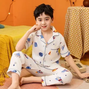 Children’s Boys 100% Cotton Waffle Fabric Pyjamas Sleepwear Breathable Customized ODM Print Short Sleeve for Summer Casual Wear