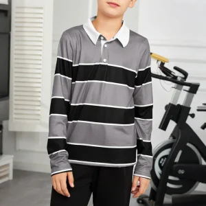 Children’s Boys Polo Shirts Washed Casual Breathable Polyester Green White Striped Spring Autumn