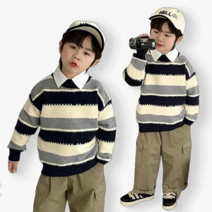 Children’s Boys’ Striped Round Neck Pullover Jumper Breathable Nylon Cotton Knitwear for Spring Autumn Winter