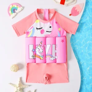 Children’s Buoyancy 2 Piece Set Girls Baby Infant Toddler Princess Short Sleeve Chiffon Cut out Swimsuit Swimwear
