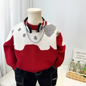 Children’s Cartoon Sweater Baby Red Anti-Pilling Cotton Blend Thickened Knitted Boys Sweater