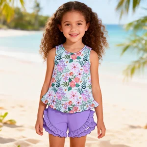 Children’s Casual Daily Set Baby Girl Sleeveless Peplum Top and Shorts Set Custom Floral Printed Outfit