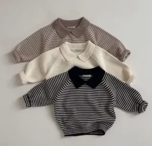 Children’s Casual Jumpers Autumn Boys Girls Lapel Striped Breathable Knit Sweater Long-sleeved Baby Pullover Kids Clothing