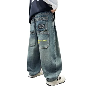Children’s Casual Loose Jeans Boys All-Season Denim Pants Straight Style Letter Pattern Loose Pants for Teenager Boys