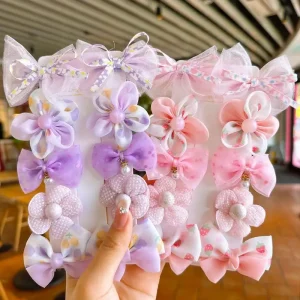Children’s Chiffon Mesh Cute Girl Flower Butterfly Hair Clip 10pcs Set Colorful Bow Party Hair Accessories Pearl