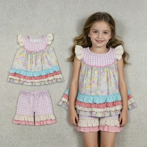 Children’s Clothes Cute Summer Flower Casual New Designs Girls Clothing Ruffles Shorts Sets Baby Clothes Sets