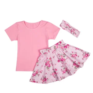Children’s Clothes Pink Short Top and Floral Ruffle Skirts with Headband 3pcs Girls Outfit Set