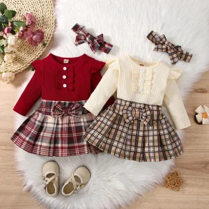 Children’s Clothing Autumn Winter Girls Baby Toddler Two Piece Open Wrapping Long Sleeve Cotton Grid Dress Set