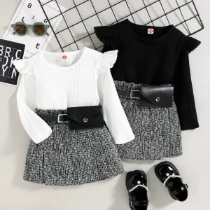 Children’s Clothing Autumn and Winter Girls’ Small Fragrant Style Short Skirt Waist Bag Three Piece Set Children’s Set