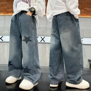 Children’s Clothing Boys’ Spring Garment Dyed Printed Jeans Big Kids Loose Fit Long Trendy Pants