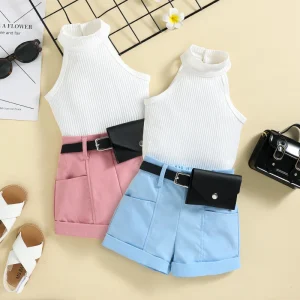 Children’s Clothing Girls Clothing Sets Summer New Children’s Sleeveless Top Solid Color Pocket Shorts Suit with Side Purse