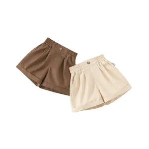 Children’s Clothing Girls’ Shorts Summer New Arrival Baby Rolled Hem A line Solid Color Bud Waist Cotton PU Coated