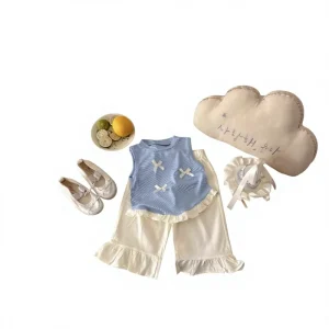 Children’s Clothing Girls’ Summer Suit Baby Girl New Style Vest Trousers Two-Piece Set Cotton Solid-color Letters Flowers