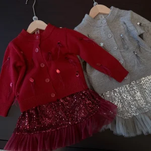 Children’s Clothing Girls Two piece Set Autumn and Winter Knitted Cardigan Sequined Yarn Skirt Two piece Set Girls’ Set