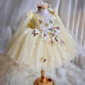 Children’s Clothing High Quality Yellow Kids Wedding Princess Birthday Party Dress Knee Length Flower Girls Appliqued Dresses