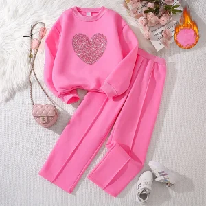 Children’s Clothing New Style Autumn Heart shaped Long Sleeved Sweatshirt and Long Pants Casual Girls Clothes Set