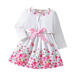 Children’s Clothing Set Casual Floral Dress and Cardigan Coat for Girls Small and Medium Sizes for Spring and Summer