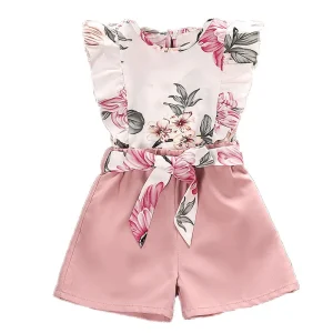 Children’s Clothing Set Flower AOP Sleeveless Top Short Pants with Belt for Girls