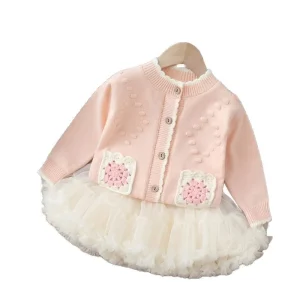 Children’s Clothing Set Girls Casual Knitted Seater Cardigan and Mesh Tutu Skirt Two Piece Set Spring Princess Outwear for Baby