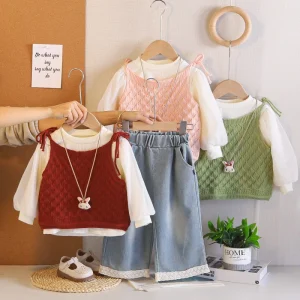 Children’s Clothing Set for Girls’ Spring Autumn Casual Style Three-Piece Outfit Animal Print Long Sleeve Polyester/Cotton