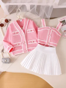 Children’s Clothing Sets for Spring Casual Girls’ Two Piece Set Long Sleeved Vest and Pleated Skirts