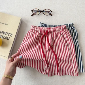 Children’s Clothing Summer Korean Style High Waist Elastic Waistband Striped Cotton Shorts for Boys Girls