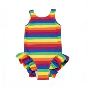 Children’s Colorful Rainbow Ruffled Swimsuit Quick Dry Nylon Spandex Girls Summer Swimwear