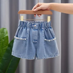 Children’s Cotton Denim Shorts Casual Lightweight Girls’ Pants Summer Kids’ Shorts Mid-Waist Design