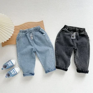 Children’s Cotton Solid Color PU Coated Full Length Korean Style Jeans 0-2 Years Old Autumn Boys Simple Soft Elastic Waist