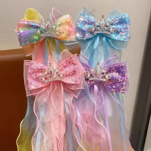 Children’s Crown Ribbon Bow Hair Clip Sweet Princess Hairpin Ponytail Hair Accessories