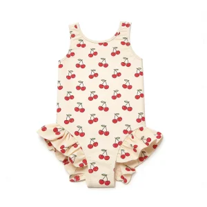 Children’s Cute Red Cherry Ruffled One Piece Swimsuit Breathable Nylon Spandex Girls Swimwear