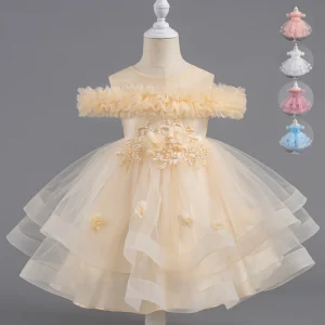 Children’s Day Birthday Party Lace Flower Gown Pearl Ruffle Sleeve Light Yellow Girls Princess Dress
