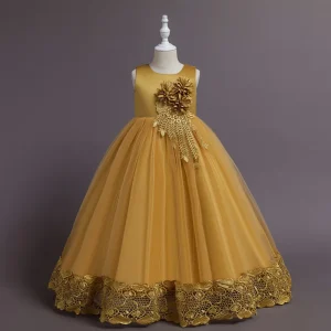 Children’s Dress Girl Party Luxury Dresses 13 14 Years Flower Lace Gold Long Party Dresses for Girls