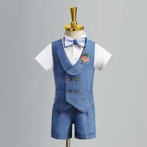 Children’s Formal Vest Suit Set Boy Summer Wedding Baby’s First Birthday Piano Performance Costume Kids Waistcoat Shorts Clothes