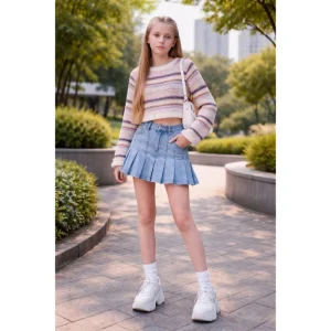 Children’s Girl Stripe Knitted Pullover Sweater with Grid Mesh