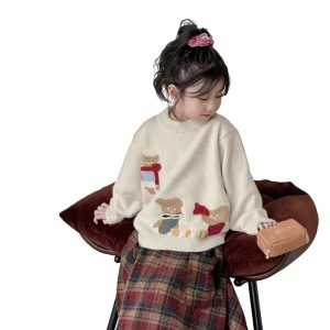 Children’s Girls’ Autumn Winter Soft Treatment Horse Cartoon Acrylic Knitted Sweater Pullover Top